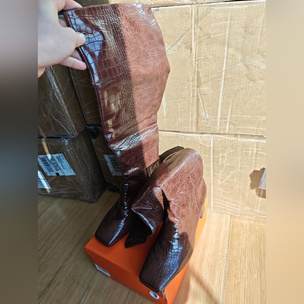 Brown Croc-Embossed Knee-High Boots